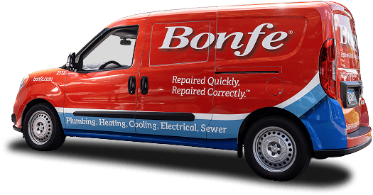 A red Bonfe service van showcased on an Elementor web design page, clearly displaying our professional plumbing, heating, cooling, electrical, and sewer services.